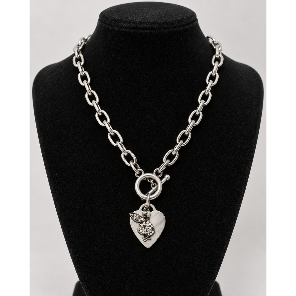 Playboy Bunny Heart Pendant Necklace Silver Tone Chunky Chain Toggle Clasp